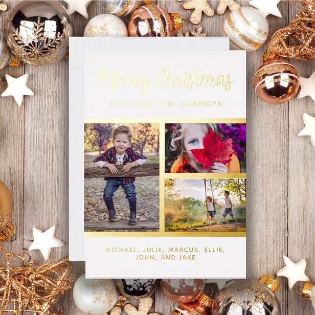 Gold Foil 3 Photo Grandparent Grandchild Christmas (Real gold foil 3-photo Christmas greeting card, customizable with your own text.)