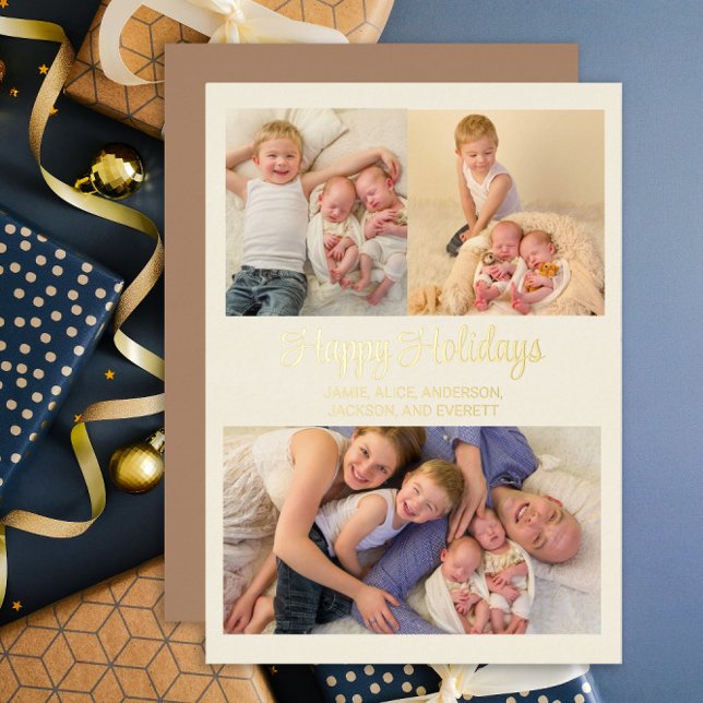 Gold Foil 3 Photo Happy Holidays Family (Creator Uploaded)