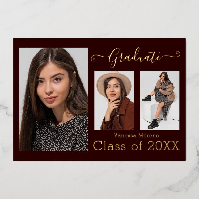 Gold Foil 3 Photo Modern Calligraphy Bgy Grad Card (Front)