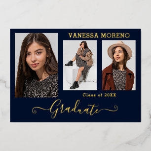 Gold Foil 3 Photo Modern Calligraphy Grad Card Blu