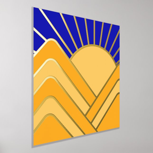 Gold Foil Abstract Landscape Blue Yellow Mountains Prints (Laydown)
