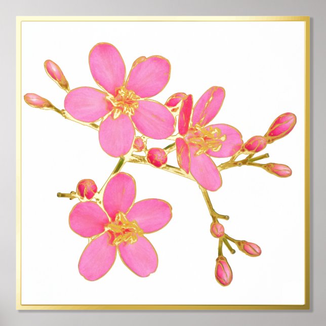 Gold Foil Accent Pink Spring Blossoms Print Poster (Front)