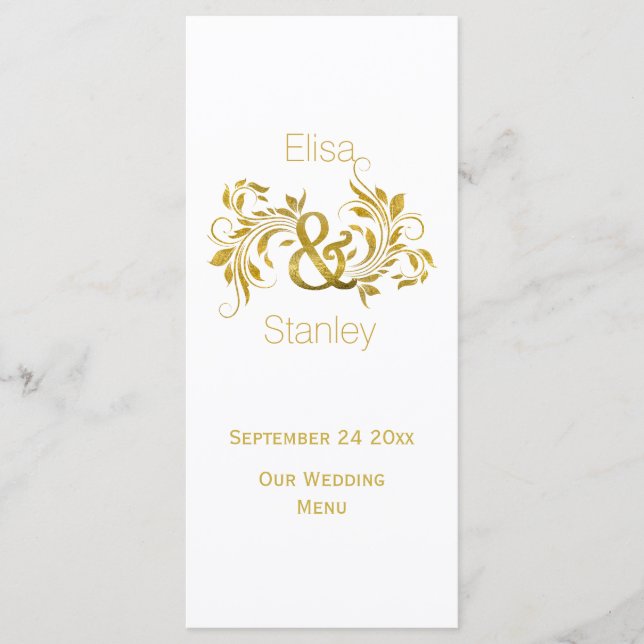 Gold foil ampersand and scroll wedding menu card (Front)