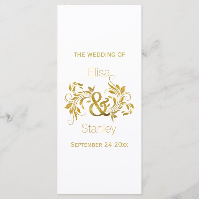 Gold foil ampersand and scroll wedding program programme (Front)