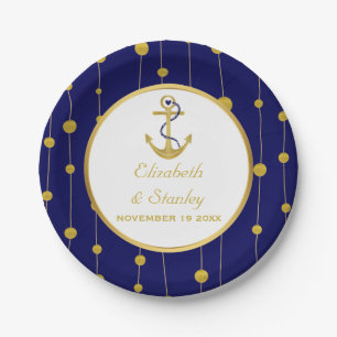Gold foil anchor nautical modern wedding paper plate