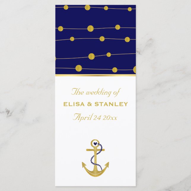 Gold foil anchor nautical wedding program programme (Front)