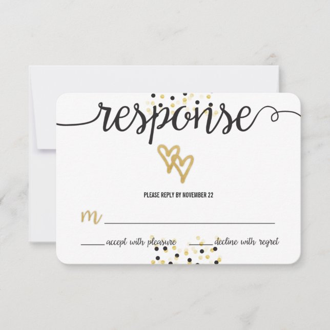 Gold Foil and Black Confetti Dots Wedding RSVP Card (Front)