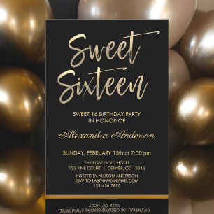 Gold Foil and Black Sweet Sixteen Birthday Invitation