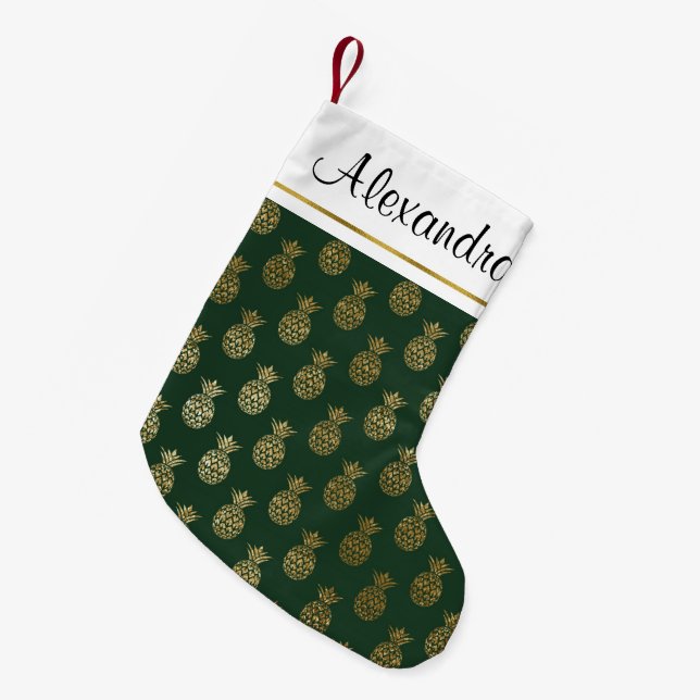 Gold Foil and Green Hawaiian Tropical Pineapples Small Christmas Stocking (Front (Hanging))