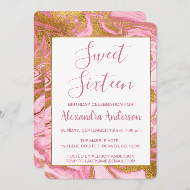 Gold Foil and Hot Pink Marble Sweet 16 Birthday Invitation (Front/Back)