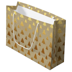Gold Foil and Kraft Paper Rustic Christmas Tree Large Gift Bag