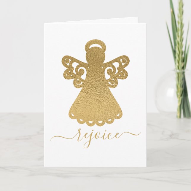 Gold Foil Angel Rejoice Folded Holiday Card (Front)