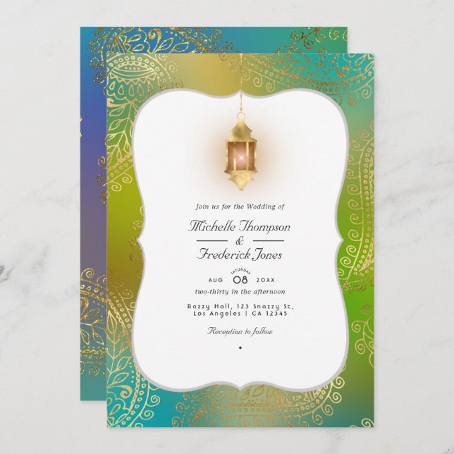 Gold Foil Arabian Bollywood QR Code RSVP Wedding Invitation (Front/Back)