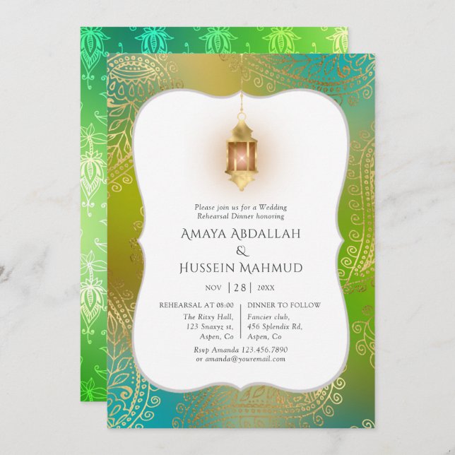 Gold Foil Arabian Bollywood Rehearsal Dinner Invitation (Front/Back)