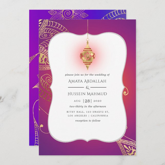 Gold Foil Arabian Bollywood Wedding Invitation (Front/Back)