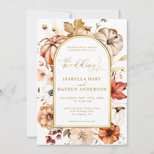 Gold Foil Arch Fall Floral Pumpkin Rust Wedding Invitation (Front)