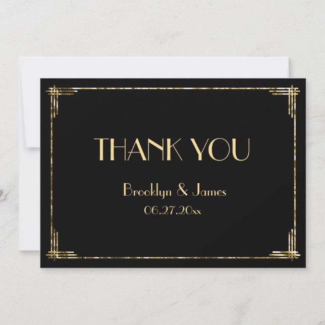 Gold Foil Art Deco Wedding Thank You Cards Black (Front)