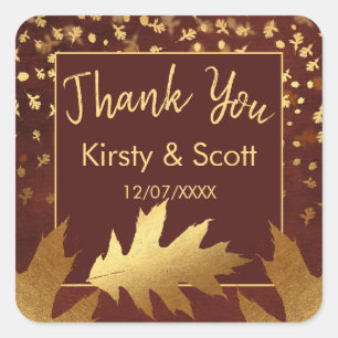 Gold Foil Autumn Fall Leaves Wedding Favour Square Sticker
