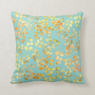 Gold Foil Autumn Fall Orange Brown Green Leaves Cushion