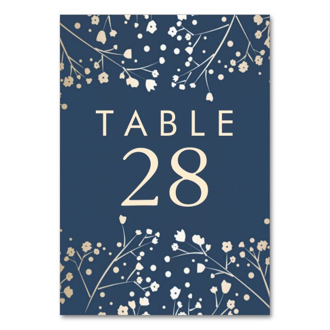 Gold Foil Baby's Breath Navy Wedding Table Numbers (Front)