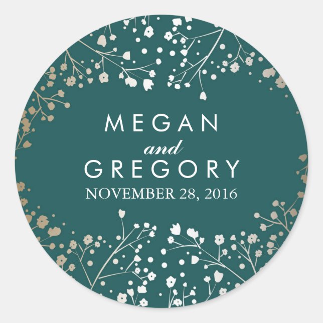 Gold Foil Baby's Breath Teal Wedding Classic Round Sticker (Front)