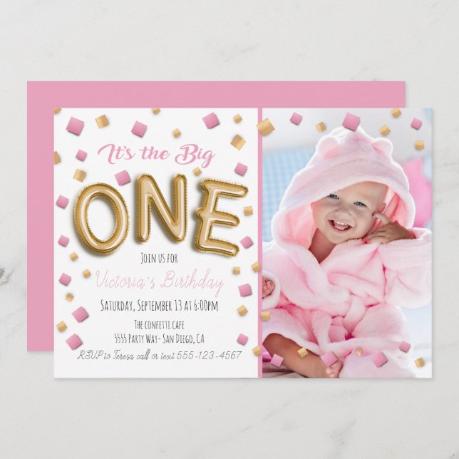 Gold Foil Ballon 1st Birthday Photo Invitation (Front/Back)