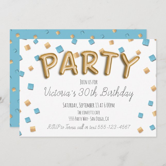 Gold Foil Ballon Letters Party Invitations (Front/Back)