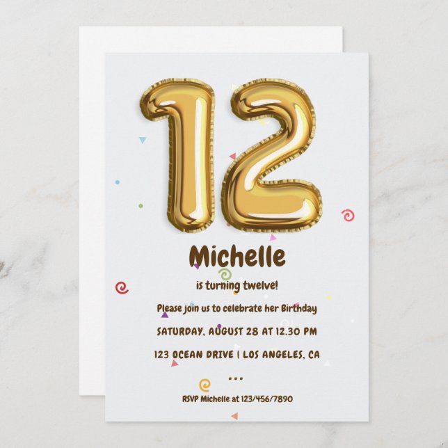 Gold Foil Balloon and Confetti 12th Birthday Party Invitation (Front/Back)