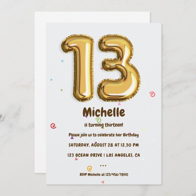 Gold Foil Balloon and Confetti 13th Birthday Party Invitation (Front/Back)