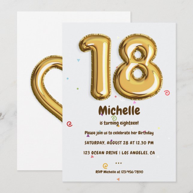 Gold Foil Balloon and Confetti 18th Birthday Party Invitation (Front/Back)