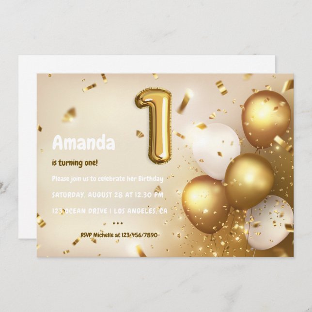 Gold Foil Balloon and Confetti 1st Birthday Invita Invitation (Front/Back)