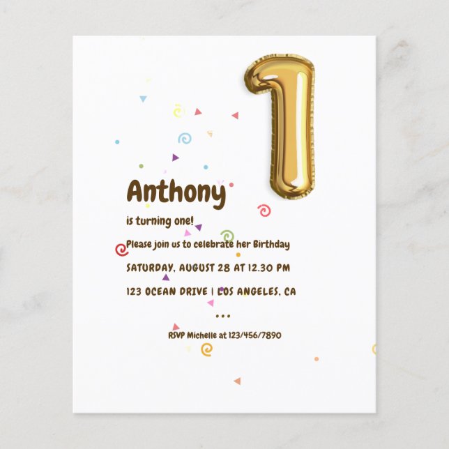 Gold Foil Balloon and Confetti 1st Birthday Photo Flyer (Front)