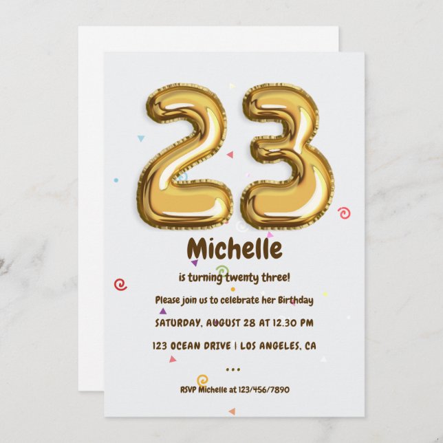 Gold Foil Balloon and Confetti 23nd Birthday Party Invitation (Front/Back)