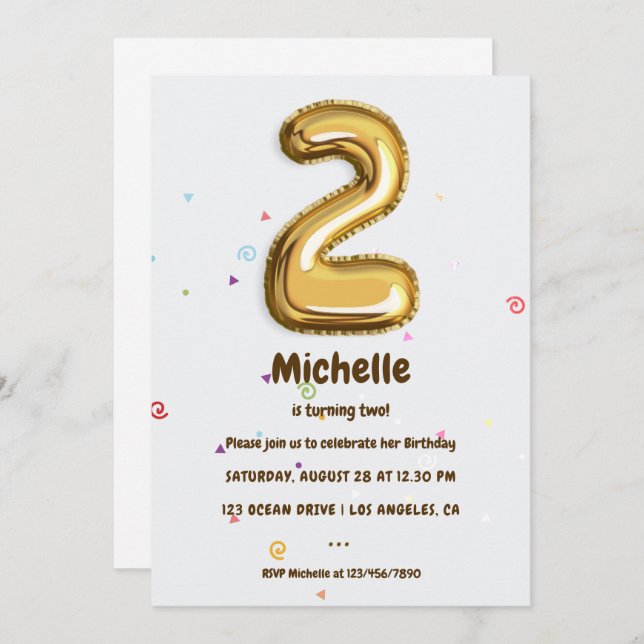 Gold Foil Balloon and Confetti 2nd Birthday Party Invitation (Front/Back)