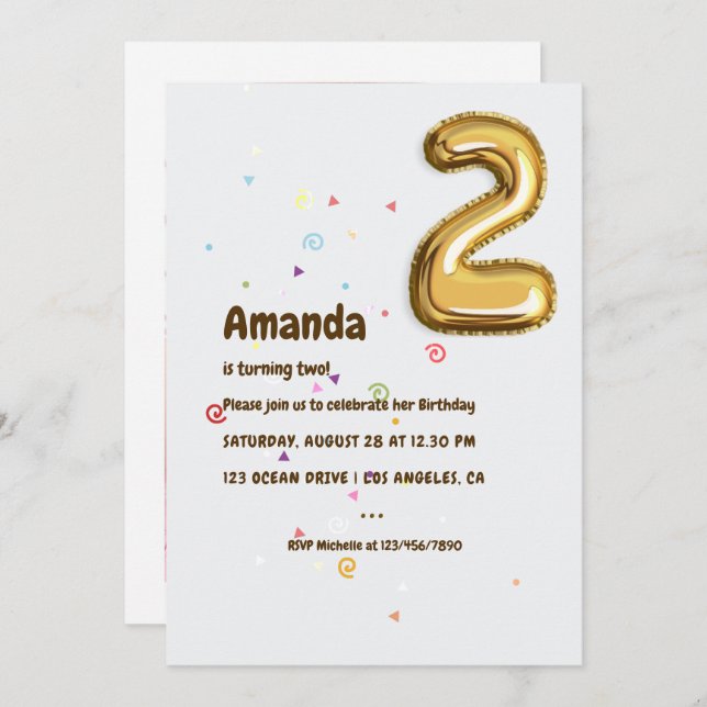 Gold Foil Balloon and Confetti 2nd Birthday Photo Invitation (Front/Back)