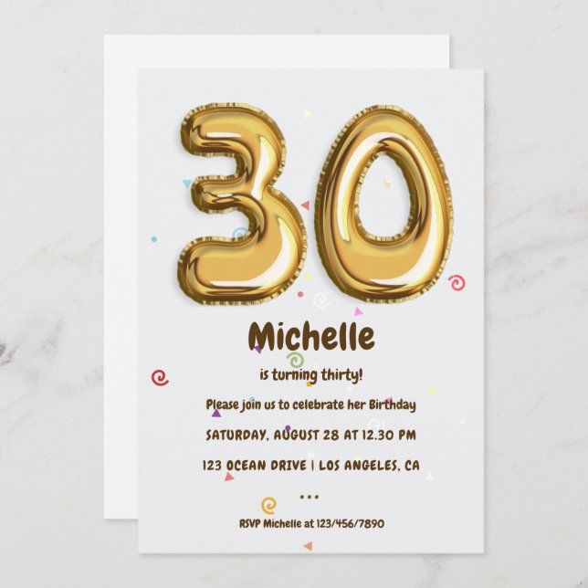 Gold Foil Balloon and Confetti 30th Birthday Party Invitation (Front/Back)