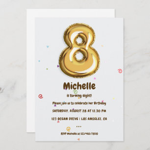 Gold Foil Balloon and Confetti 8th Birthday Party Invitation