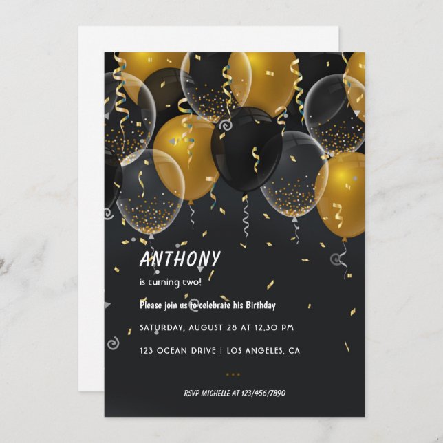 Gold Foil Balloon and Confetti Birthday Party Invi Invitation (Front/Back)