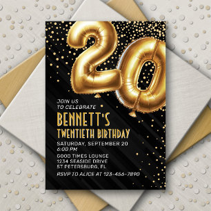 Gold Foil Balloons 20th Birthday Invitation