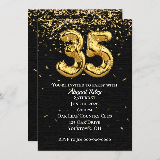 Gold Foil Balloons 35th Birthday Party Invitation (Front/Back)