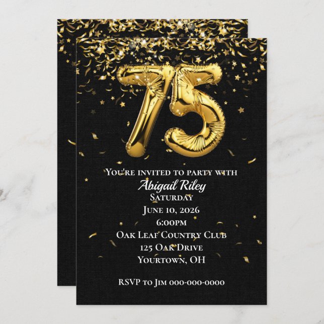 Gold Foil Balloons 75th Birthday Party Invitation (Front/Back)
