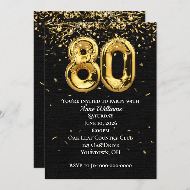 Gold Foil Balloons 80th Birthday Party Invitation (Front/Back)