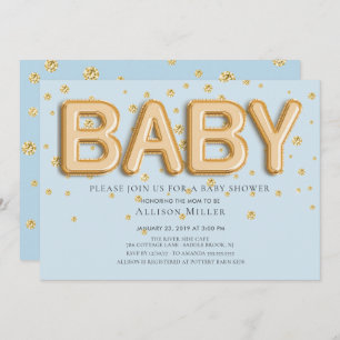 Gold Foil Balloons Boys Baby Shower Invitation