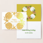 Gold Foil Beach Christmas Sand Dollars Folded Foil Card<br><div class="desc">Special gold (or silver) foil Christmas cards with a tropical design. Big sand dollars and starfish design on front (in your choice of silver or gold) with custom greeting, such as "Happy New Year" or "Merry Christmas". Continue the greeting inside and add a signature. The sand dollar, starfish and holly...</div>