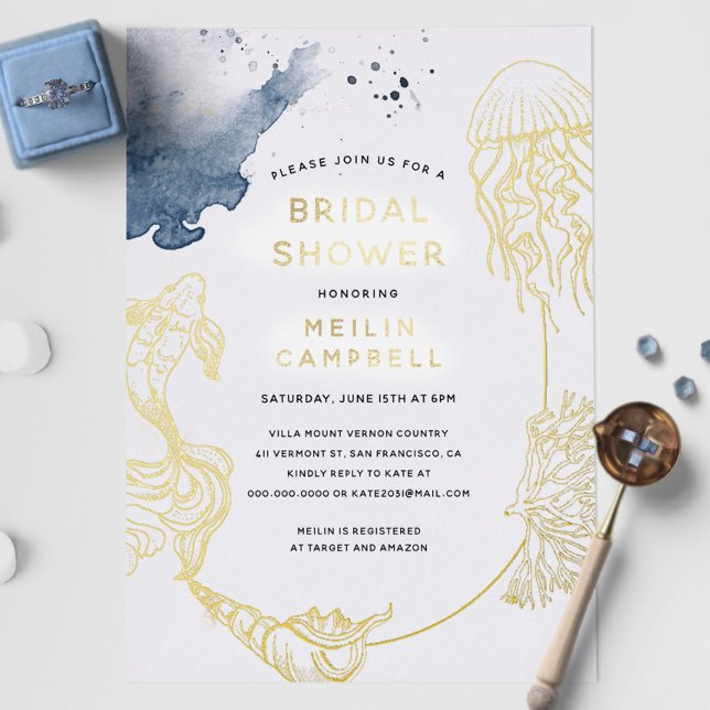 Gold Foil Beach Ocean Coastal Blue Bridal Shower (Creator Uploaded)