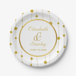 Gold foil beads and frame modern white wedding paper plate