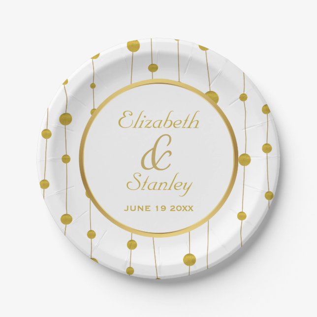 Gold foil beads and frame modern white wedding paper plate (Front)