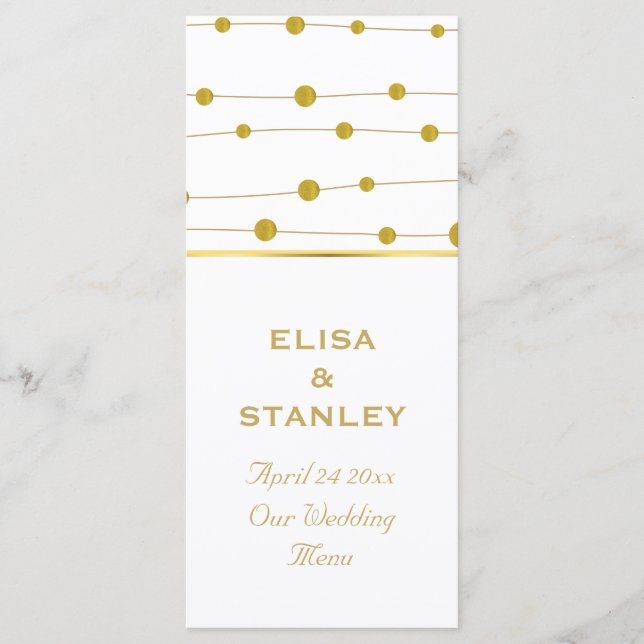 Gold foil beads modern wedding menu card (Front)
