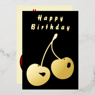 Gold Foil Birthday Card with Red and Golden Cherry