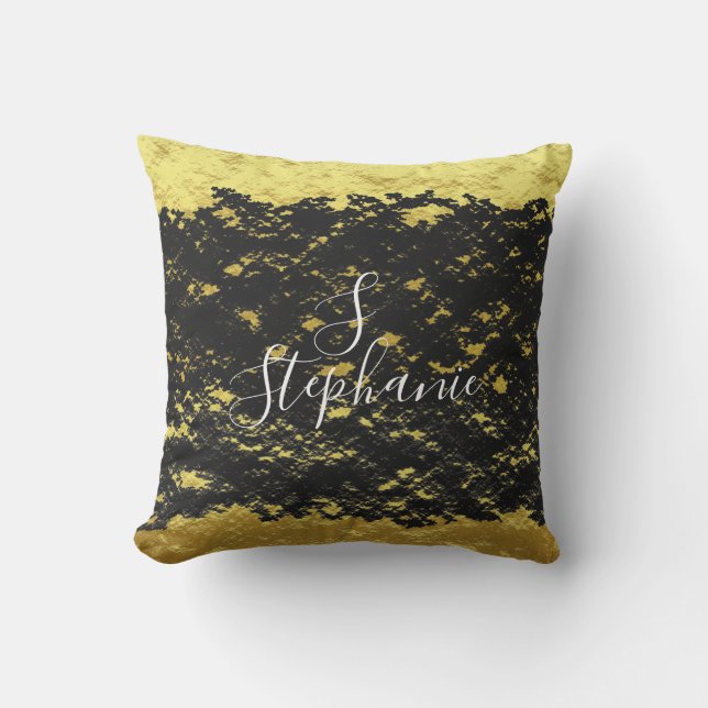 Gold Foil Black Glittery Sparkles Monogram Initial Cushion (Front)